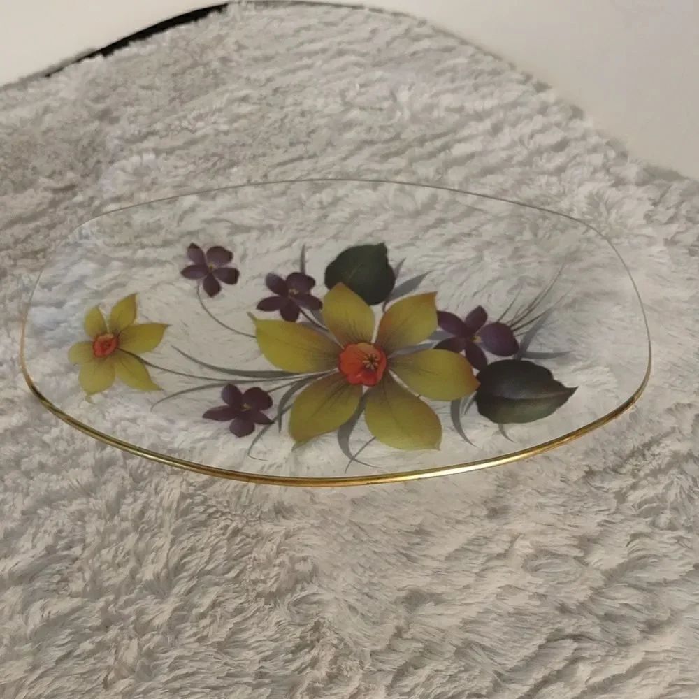 Chance Glass Gold Trim Floral Clear Glass Plate